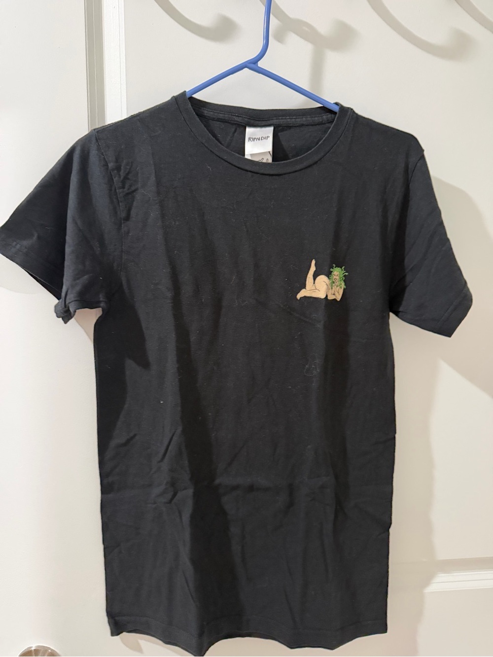Ripndip Black Tee with Small Nude & Green Embroidered Graphic